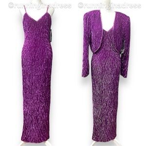 Deadstock Laurence Kazar Purple Beaded Sequin Silk Evening Gown & Bolero Jacket